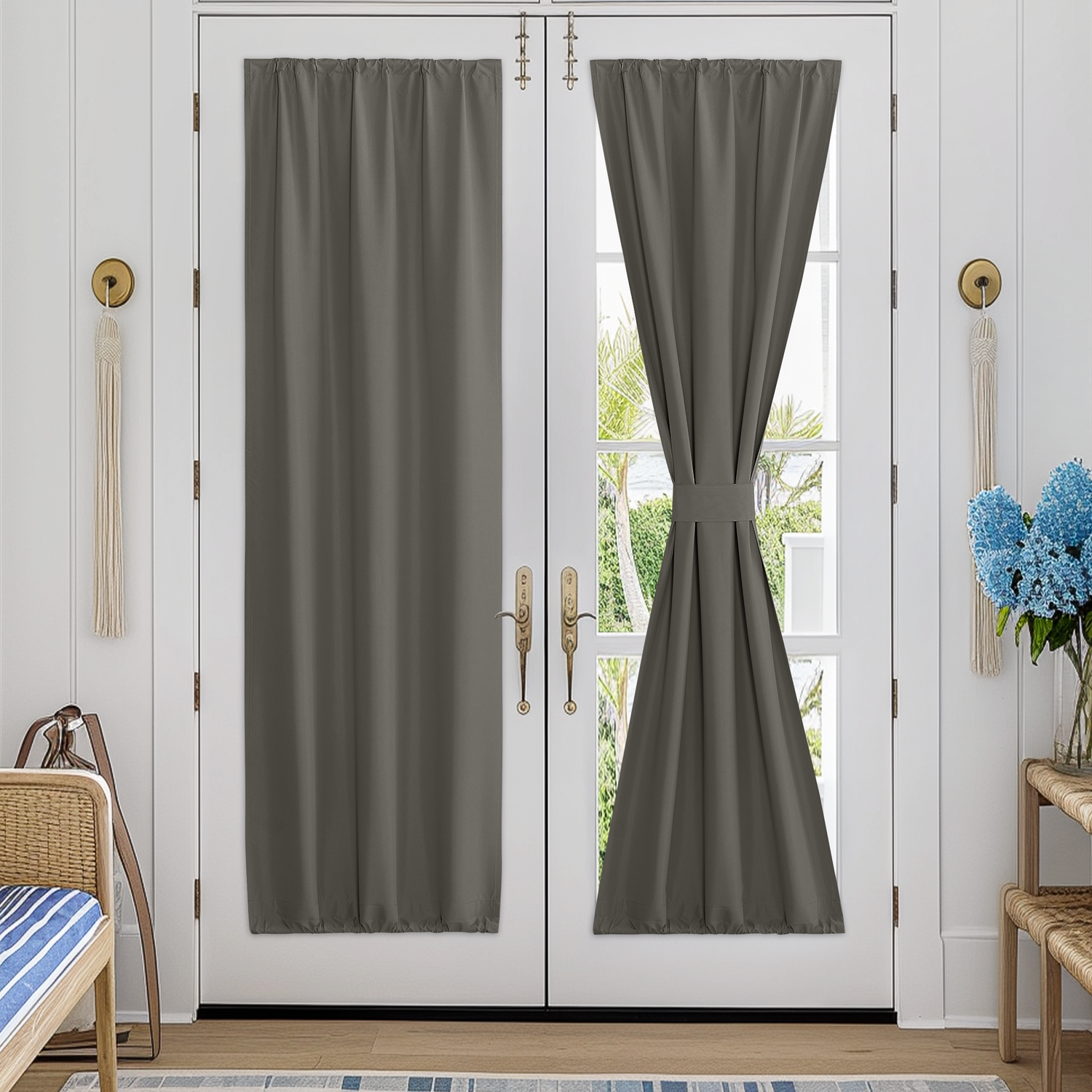 RYB HOME Double Drapery Rod Spring Fabric Blackout Door Curtain for Complete Light Blocking（custom）