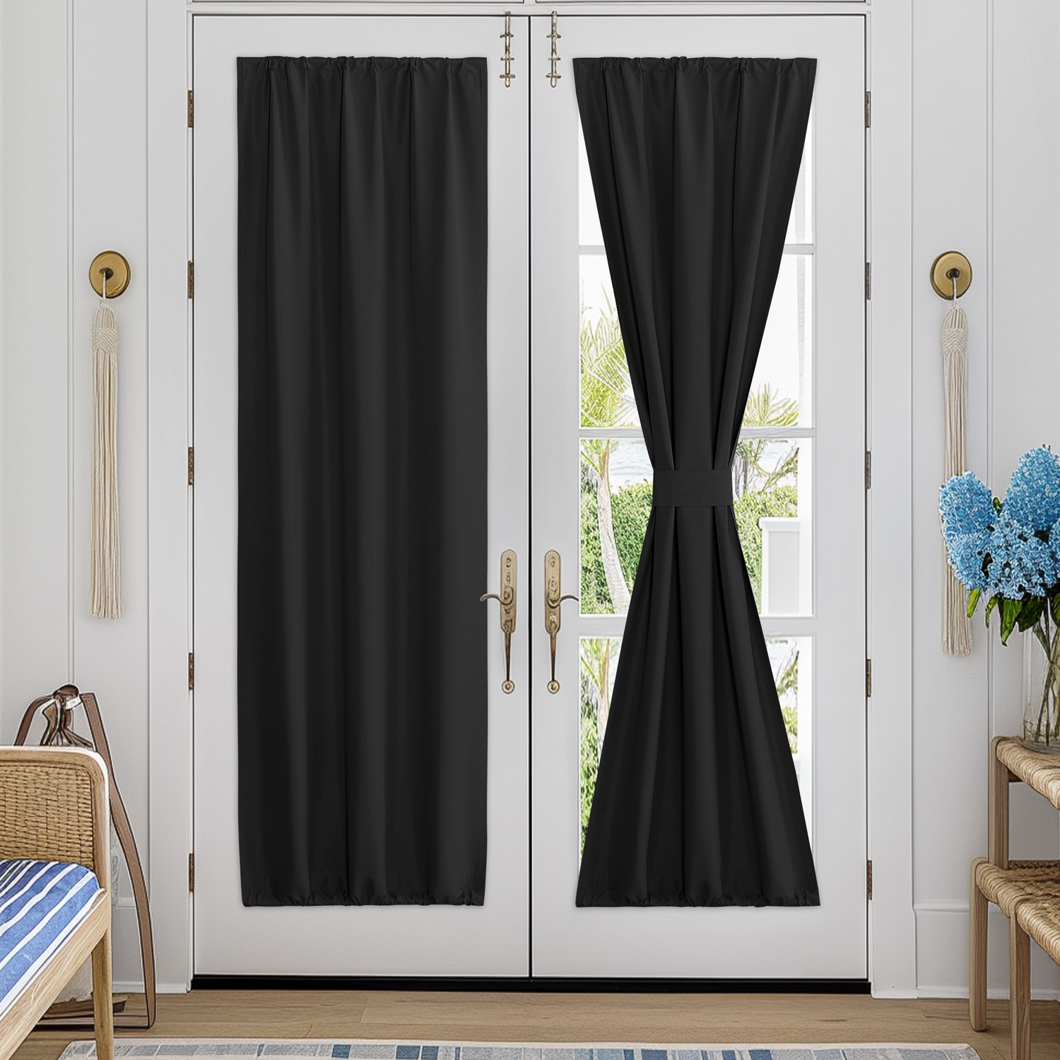 RYB HOME Double Drapery Rod Spring Fabric Blackout Door Curtain for Complete Light Blocking（custom）