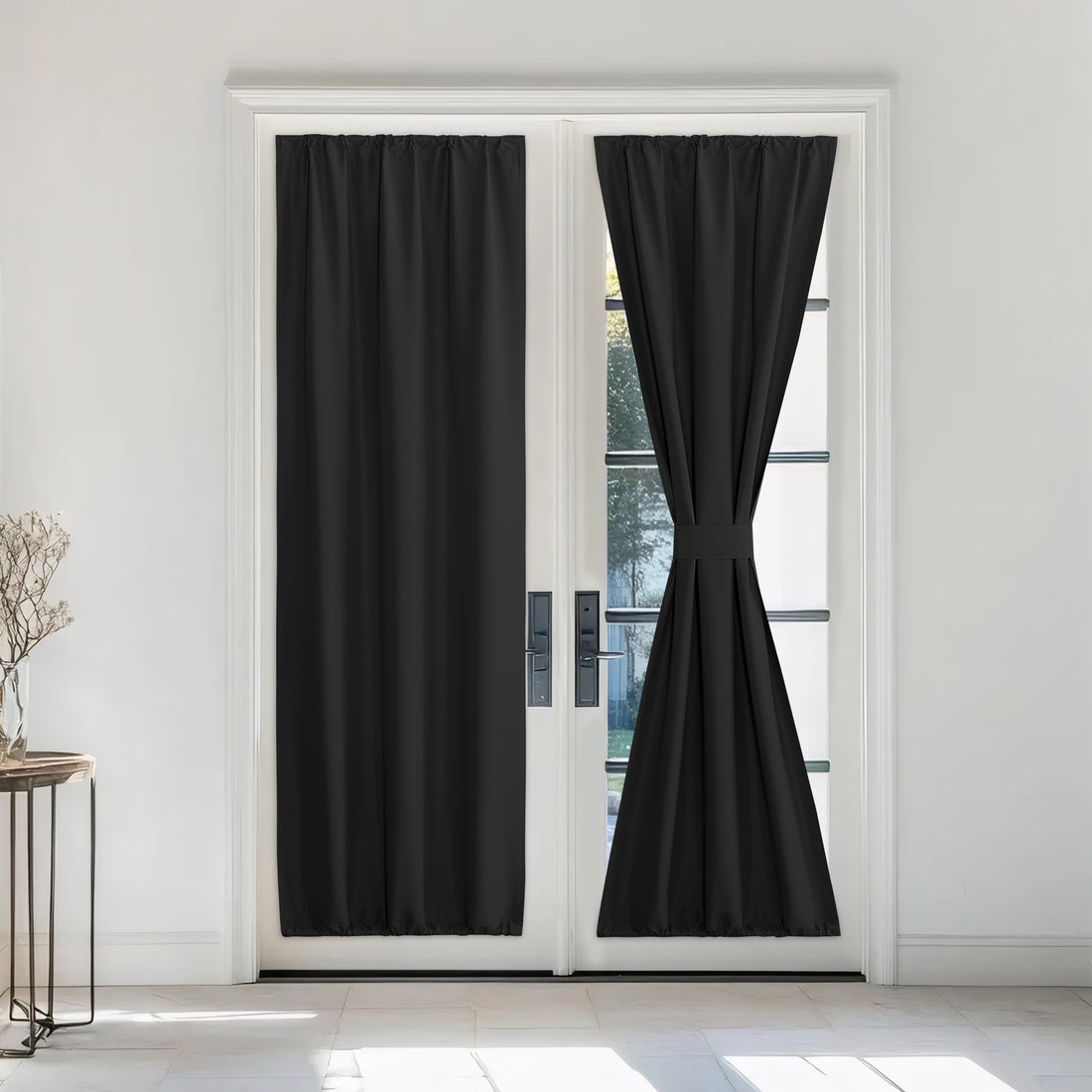 RYB HOME Double Drapery Rod Spring Fabric Blackout Door Curtain for Complete Light Blocking