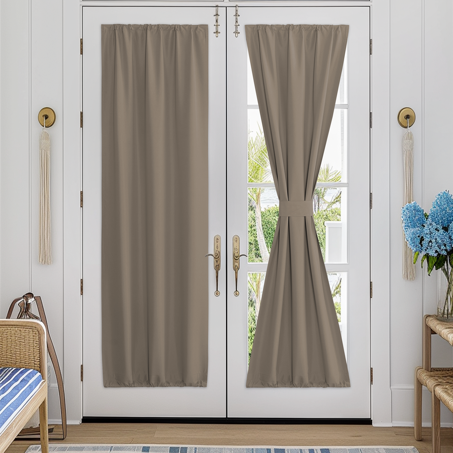 RYB HOME Double Drapery Rod Spring Fabric Blackout Door Curtain for Complete Light Blocking