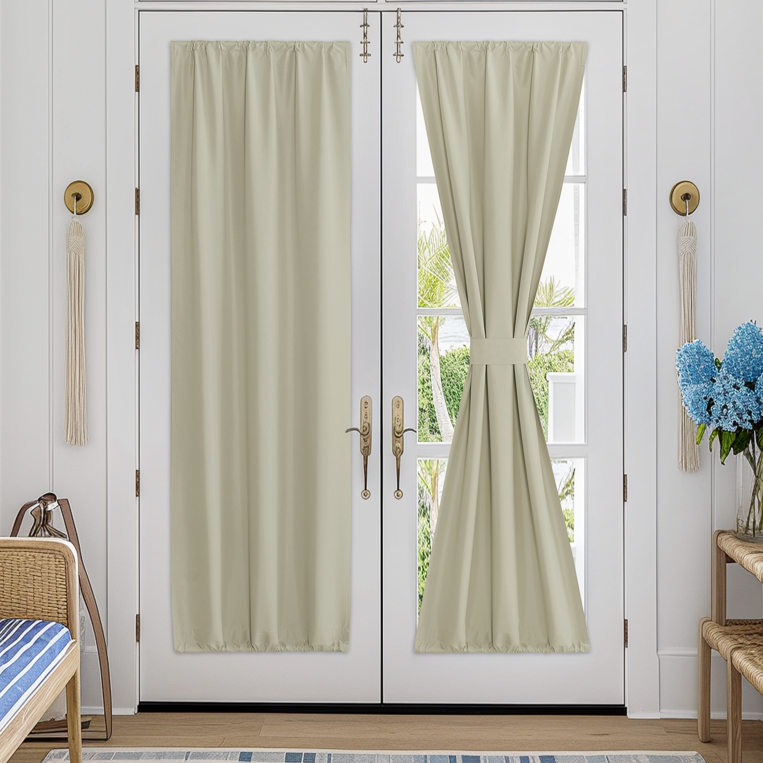 RYB HOME Double Drapery Rod Spring Fabric Blackout Door Curtain for Complete Light Blocking