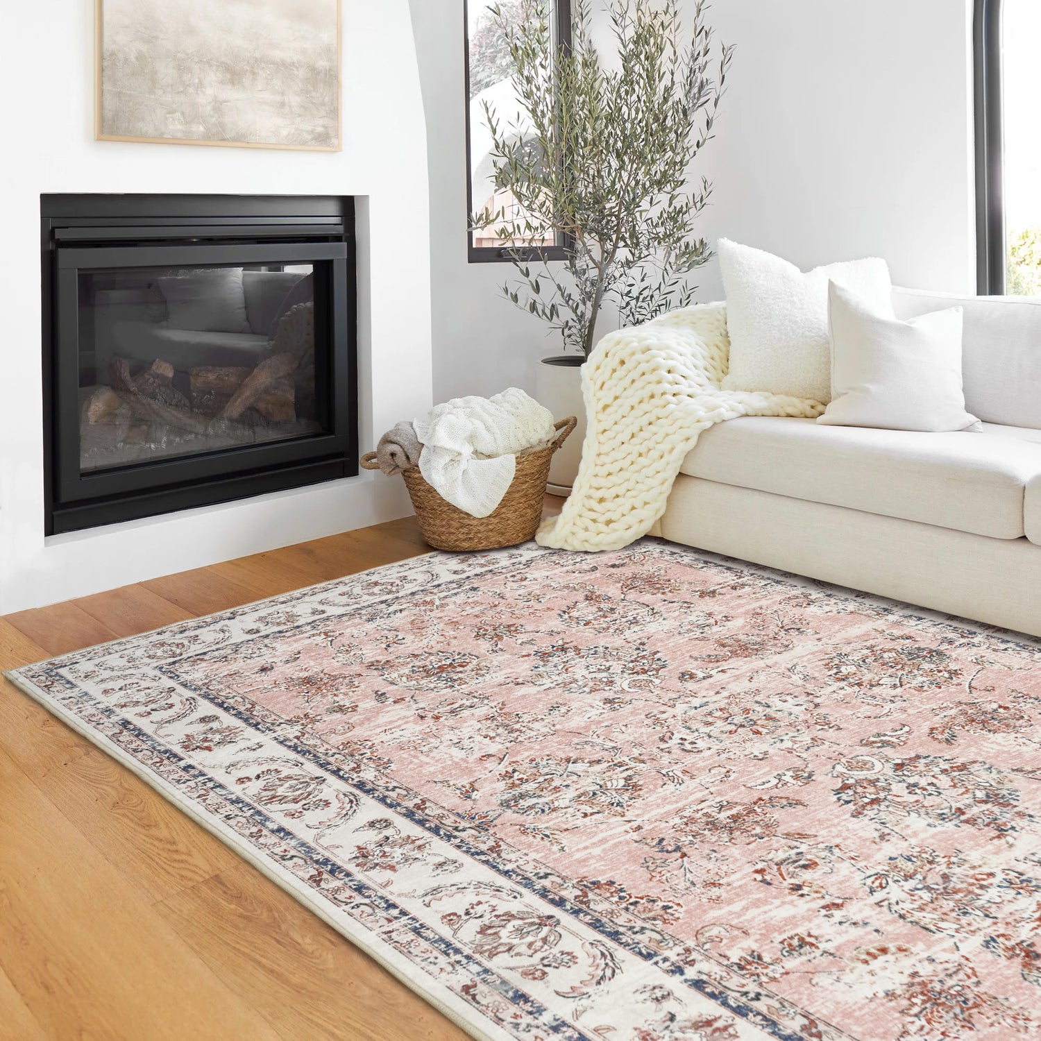 Custom Pink Floral Vintage Washable Wool Faux Area Rug | GCC