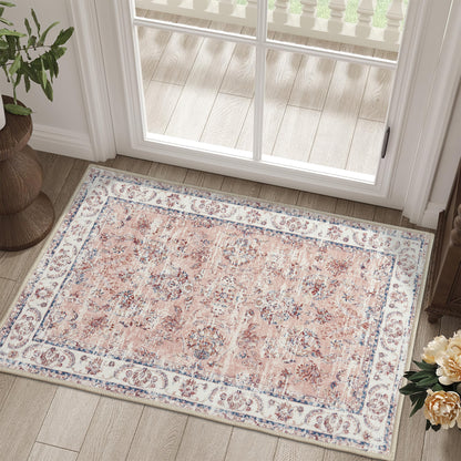 Custom Pink Floral Vintage Washable Wool Faux Area Rug | GCC