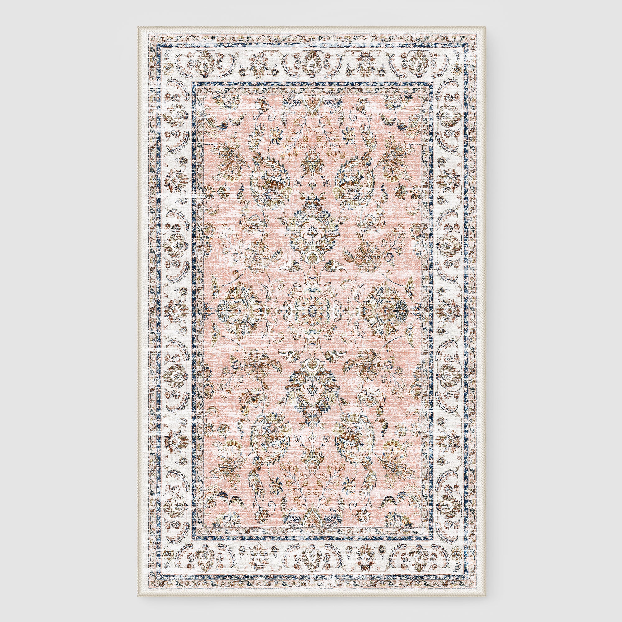 Custom Pink Floral Vintage Washable Wool Faux Area Rug | GCC