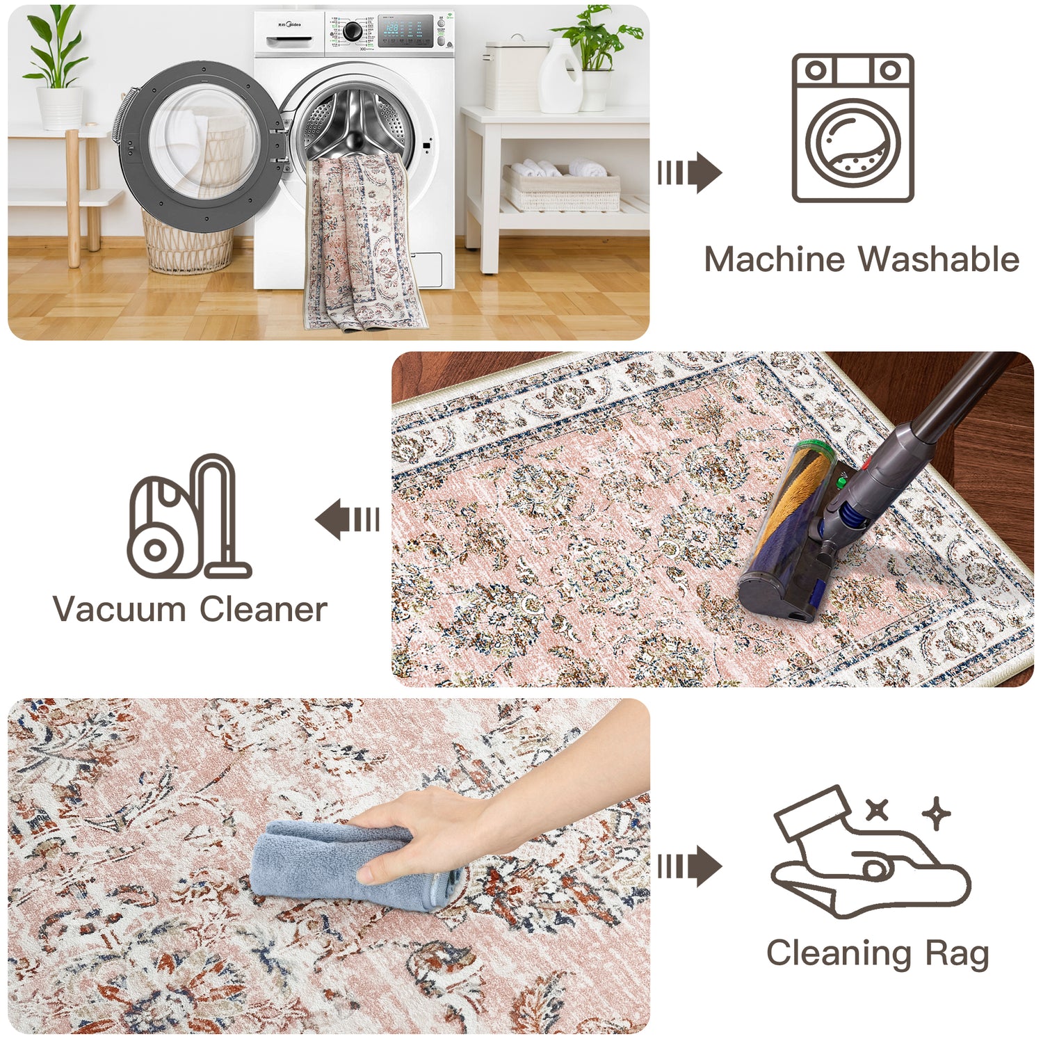 Custom Pink Floral Vintage Washable Wool Faux Area Rug | GCC