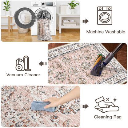 Custom Pink Floral Vintage Washable Wool Faux Area Rug | GCC