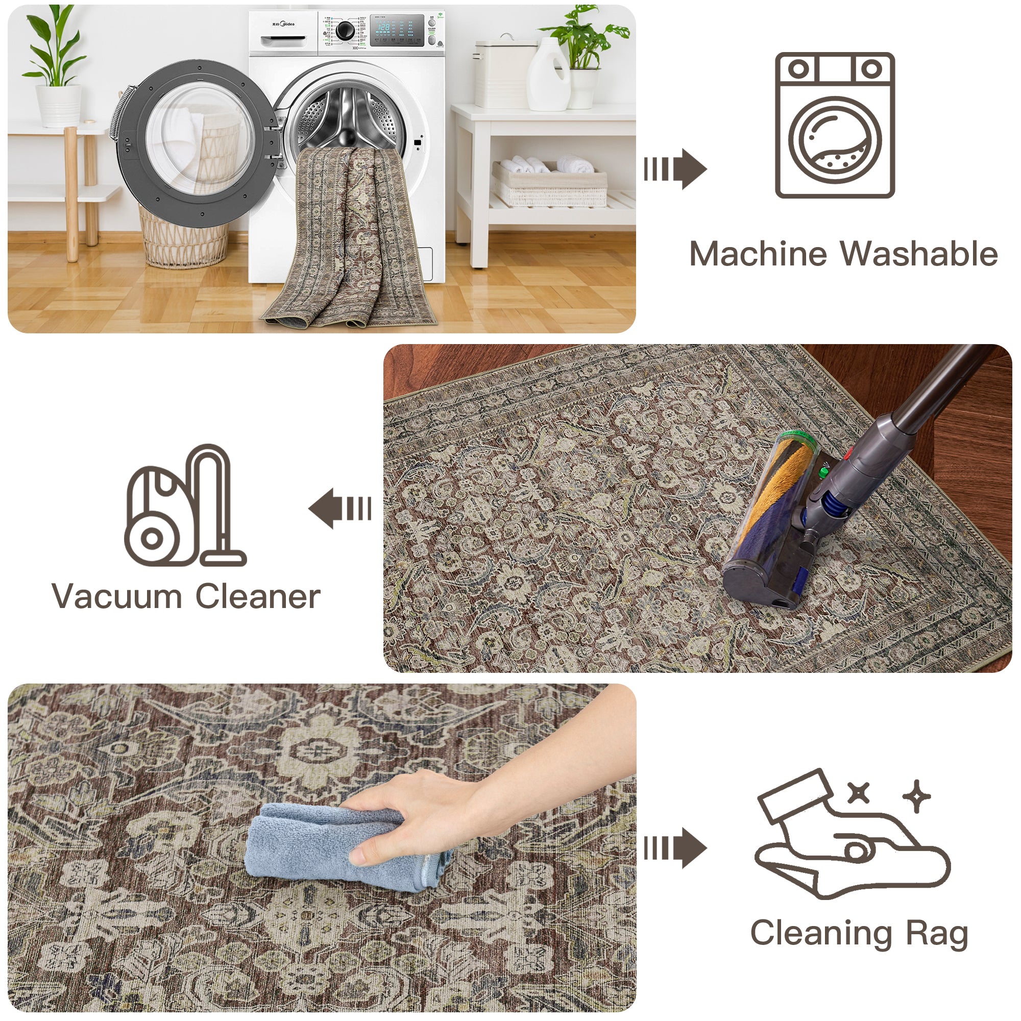 RYB HOME Vintage Chenille Washable Custom Area Rug